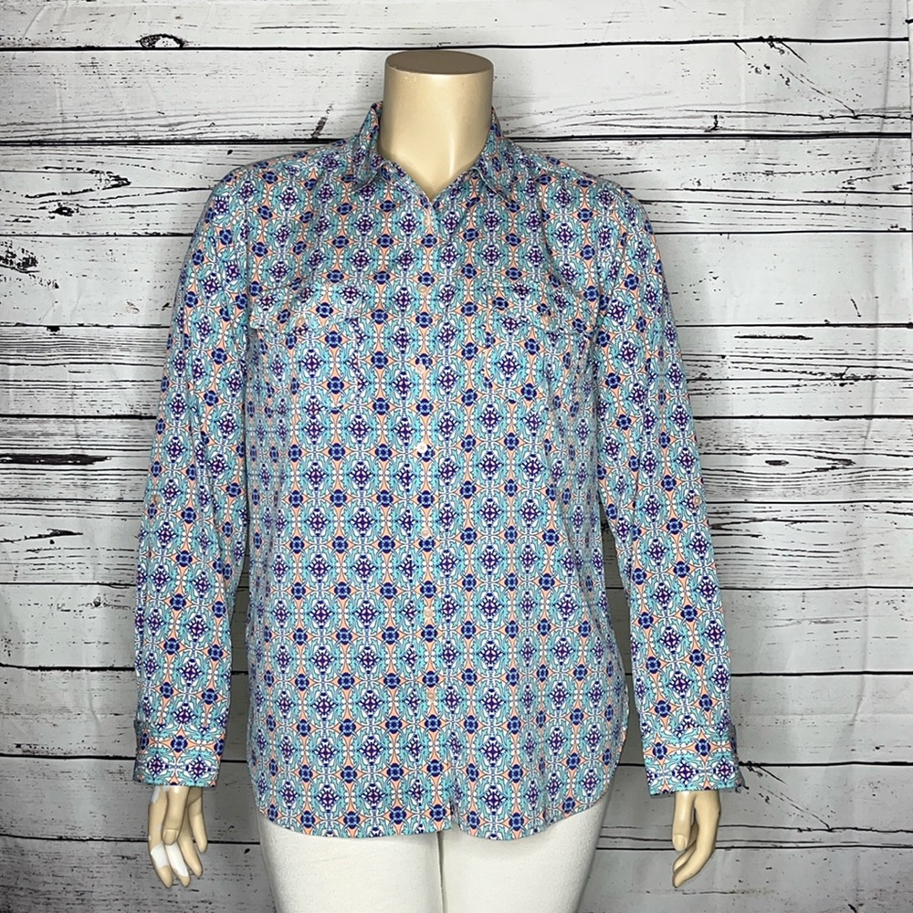 Talbots Size XL Blue & Pink Printed Roll-Tab Sleeve Button Up Blouse Top